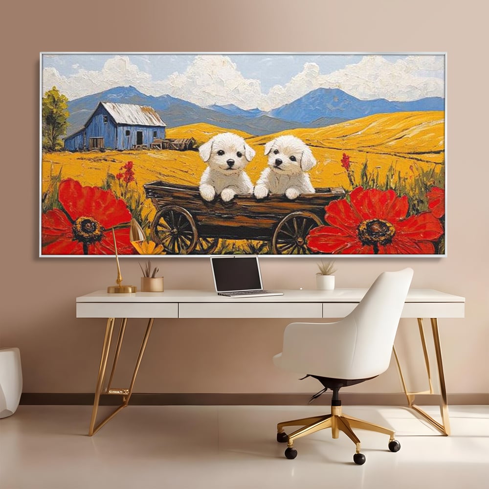 Tablou canvas cu tablou canvas cu catei in caruta si maci, in rama de aluminiu argintiu, pe perete intr-un birou